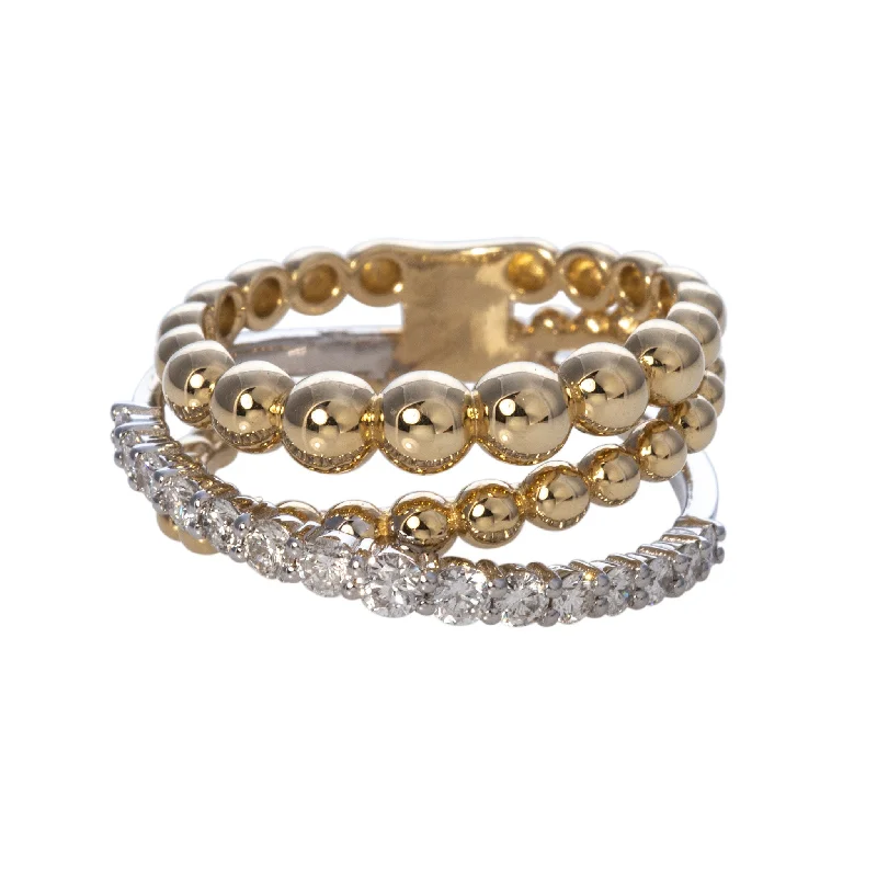 Diamond Double Beaded Crossover 14K Gold Ring