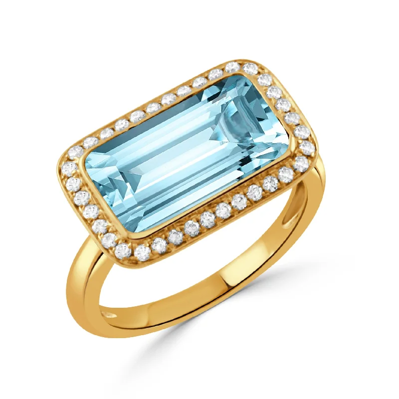 Emerald-Cut Blue Topaz & Pavé Diamond Halo 18K Yellow Gold Ring