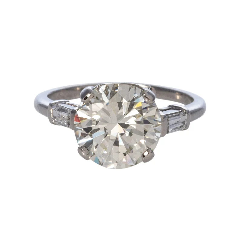 Estate 3.18ct Round Brilliant & .22ct Baguette Side Diamond Platinum Ring