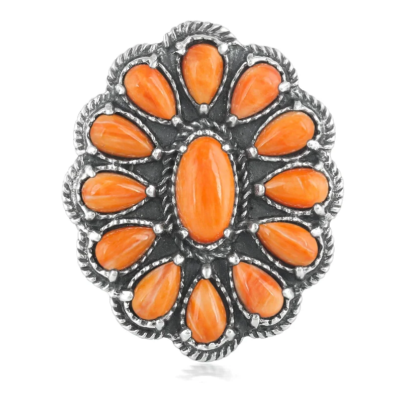 EXCLUSIVELY OURS! Sterling Silver Orange Spiny Oyster Flower Cluster Ring, Sizes 5 to 10