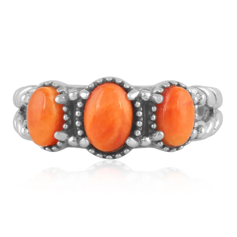 EXCLUSIVELY OURS! Sterling Silver Orange Spiny Oyster Gemstone 3-Stone Ring, Sizes 5 to 10