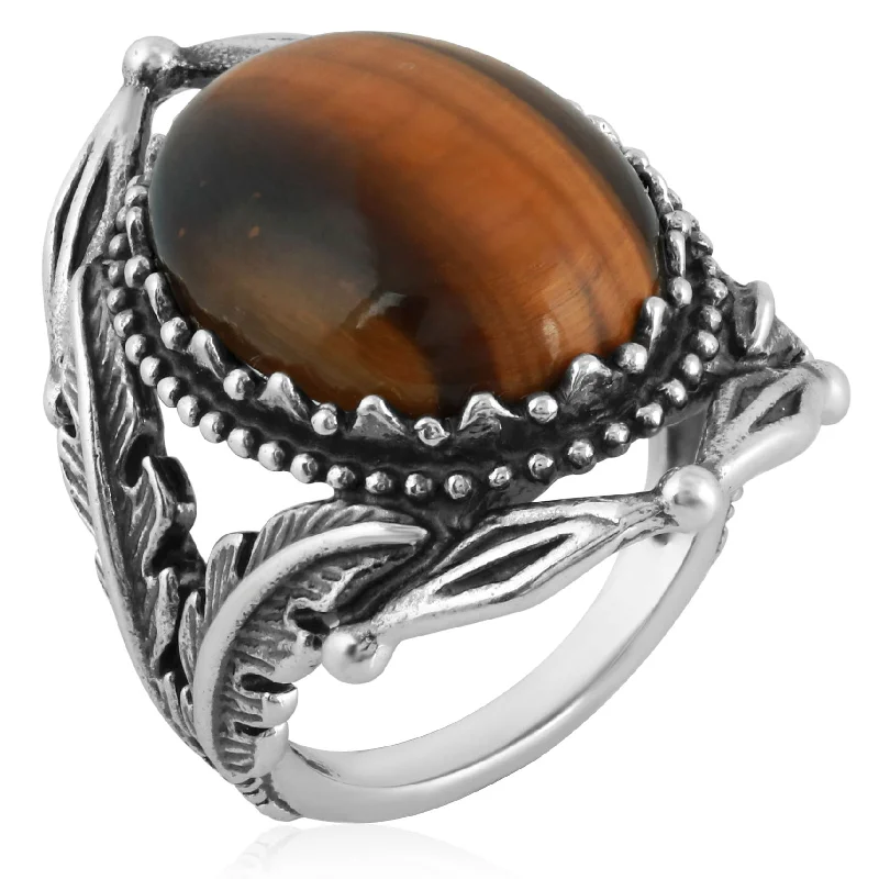 Sterling Silver Tiger's Eye Leaf Design Ring, Sizes 5 to 10