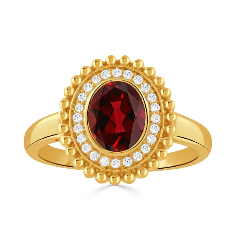 Oval Garnet & Diamond 18K Yellow Gold Beaded Ring