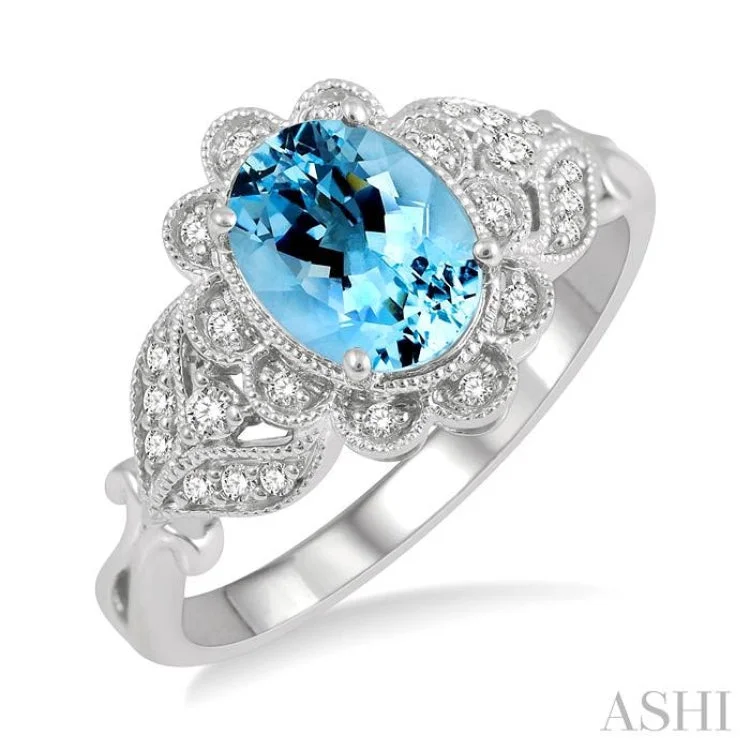 1/6 ctw Floral Cutwork Round Cut Diamond and 8x6MM Oval Cut Aquamarine Precious Ring in 10K White Gold