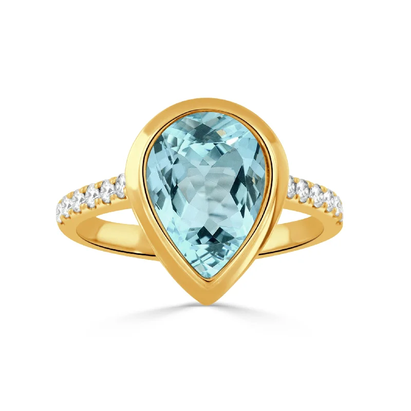 Pear Blue Topaz & Pavé Diamond 18K Yellow Gold Ring