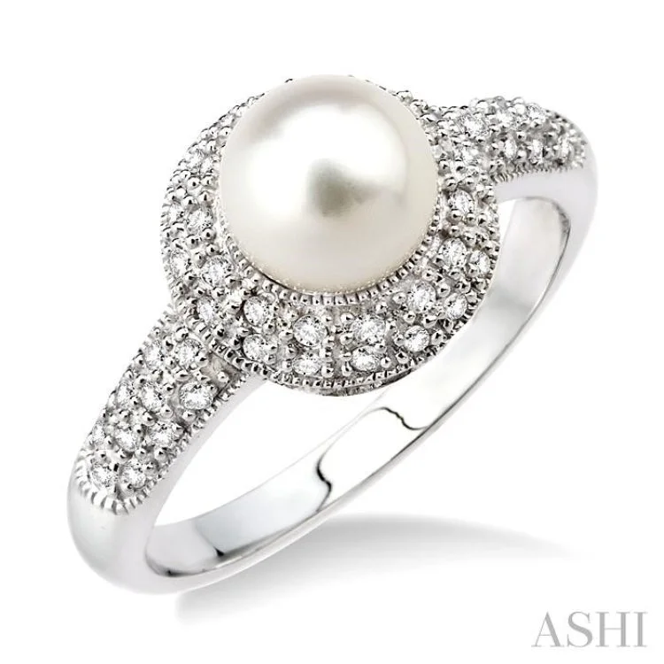 6.5 mm Cultured Pearl and 1/4 Ctw Single Cut Diamond Ring in 14K White Gold