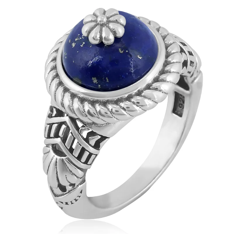 Southwestern Blue Wildflower Ring-Crafted from Sterling Silver with Lapis Gemstone, Sizes 5 - 10