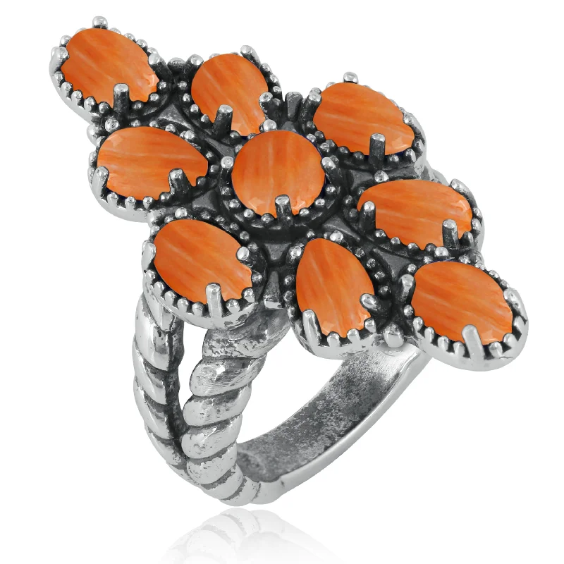 Southwestern Orange Wildflower Cluster Ring- Featuring an Array of Orange Spiny Oyster Gemstones and Sterling Silver Rope Band, Sizes 6 - 11