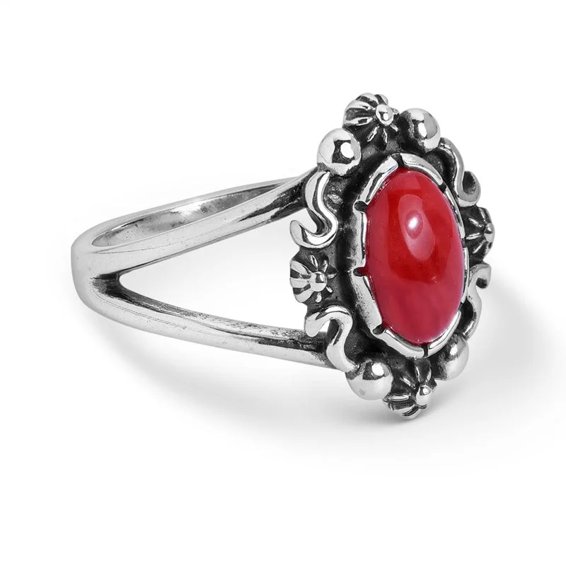 Sterling Silver Red Coral Gemstone Oval Ring Size 5 to 10