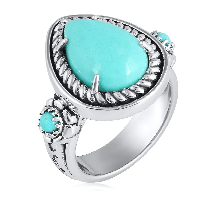 EXCLUSIVELY OURS! Sterling Silver Kingman Turquoise Rope Teardrop Ring, Sizes 5 to 10