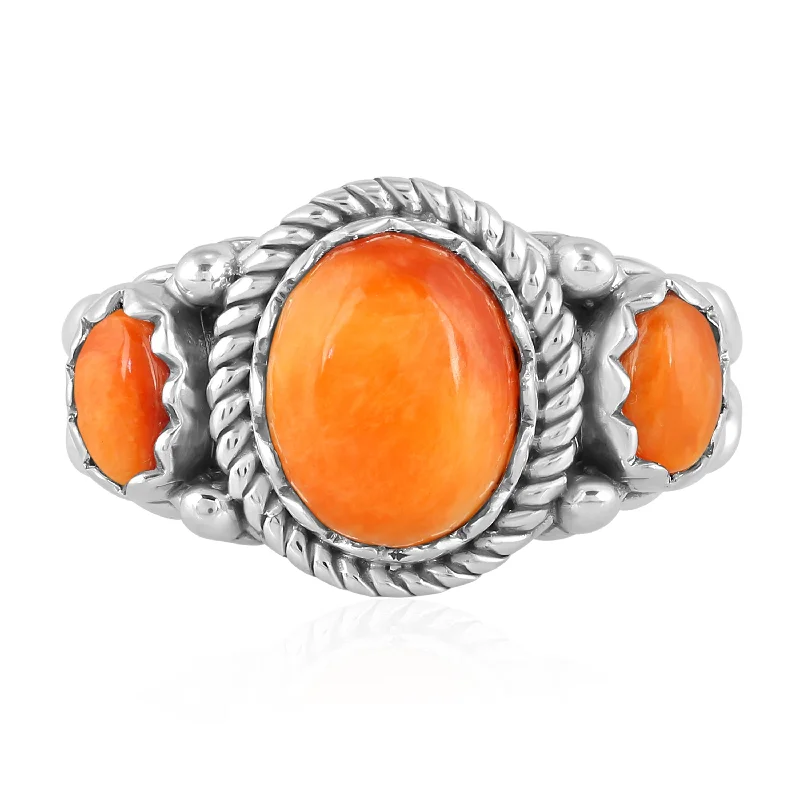 Sterling Silver Orange Spiny 3-Stone Ring, Sizes 5 to 10