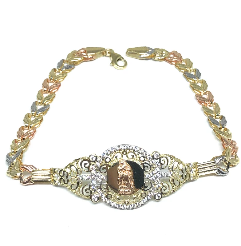 10k Solid Gold Tri-Color Virrgin Mary Brracelet Cubic Zirconia 7.5 inch Virrgen Guadalupe