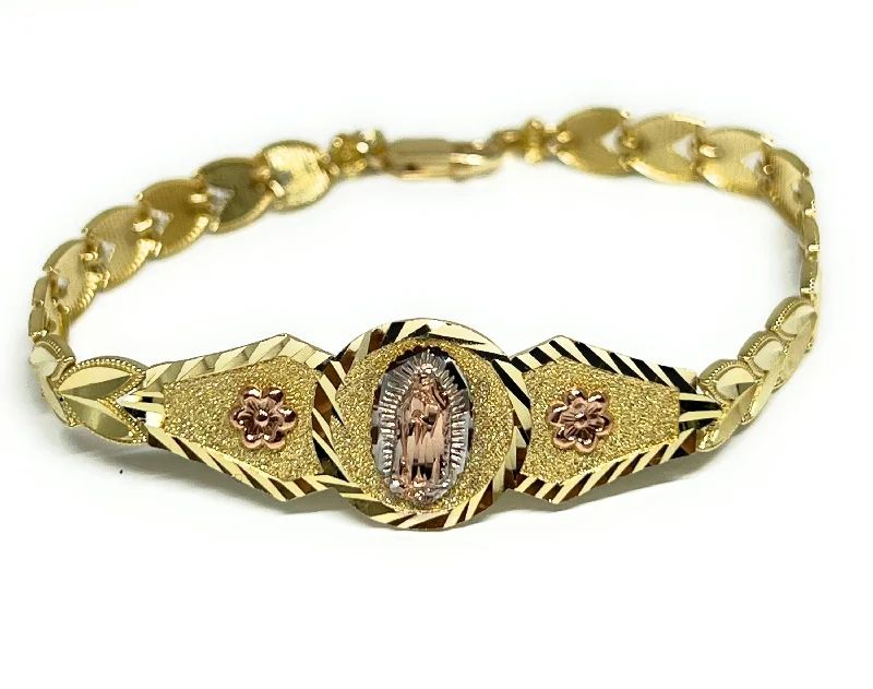 10k Solid Gold Tri-Color Virrgin Mary Flower Brracelet 7.2 inch Virrgen Guadalupe