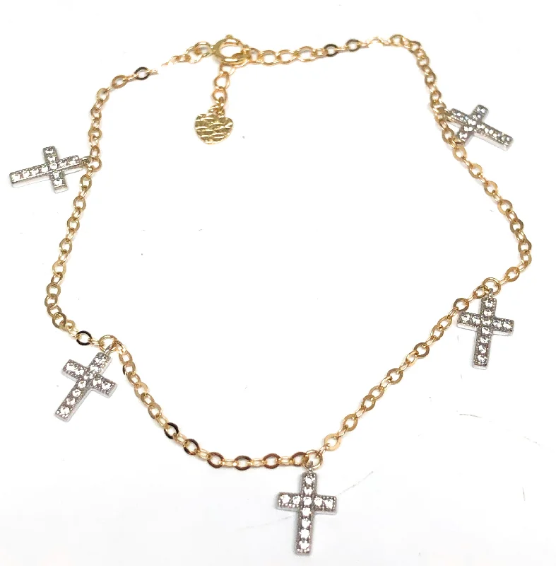 10k Solid Gold Yellow & White 2 Tone Cross Charms CZ Brracelet 8 inch (FC)