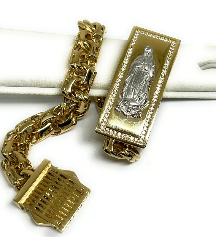 14k Solid Gold 2-Tone VIRRGIN MARY VIRRGEN GAUDALUPE CZ CHINO LINK Brracelet 8.5 inch 12mm Width (41.4g)