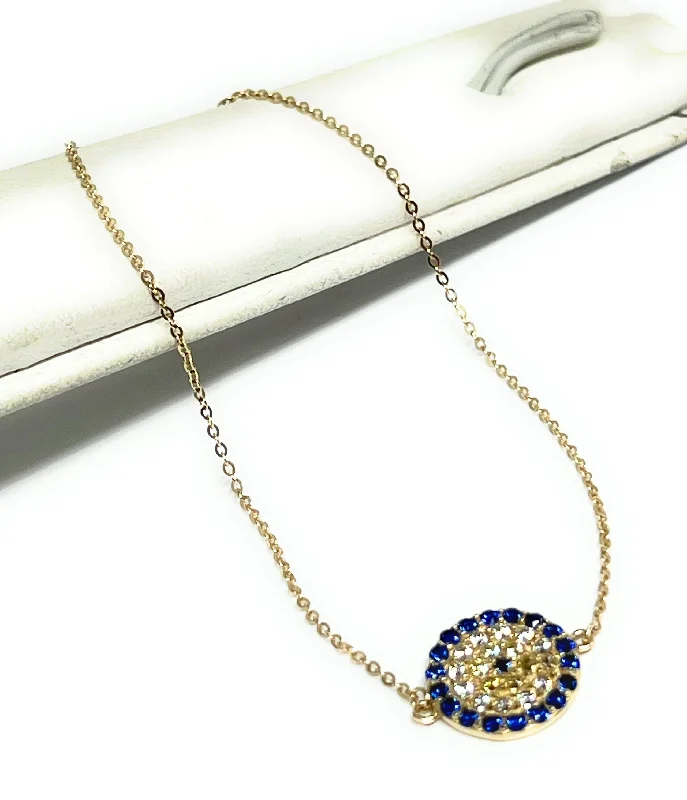 14k Solid Gold Evil Eye Blue CZ Brracelet 8 INCH 1mm Width (THIN & DELICATE) (FC)