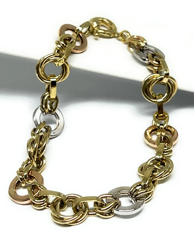 14k Solid Gold TRI-COLOR HOOP CIRCLE LINK 7.5 INCH BRRACELET (SEMI-HOLLOW)