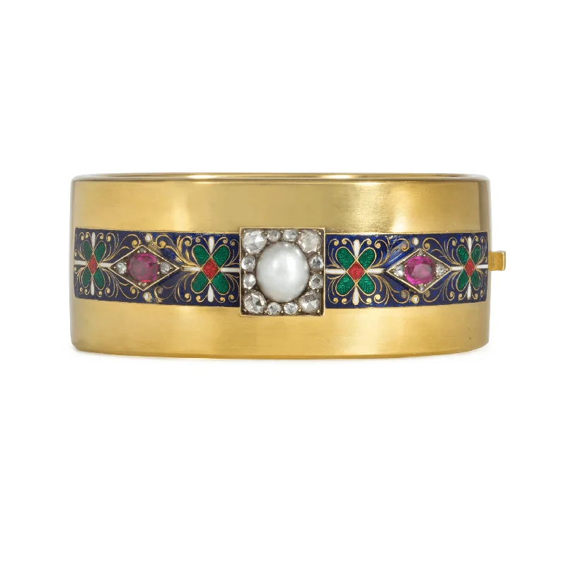 15KT Yellow Gold Diamond, Enamel, Pearl & Ruby Cuff Bracelet