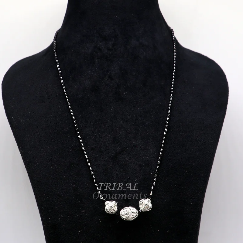 925 sterling silver black beads chain necklace with vintage Style pendant, traditional style brides Delicate necklace for girl's set504