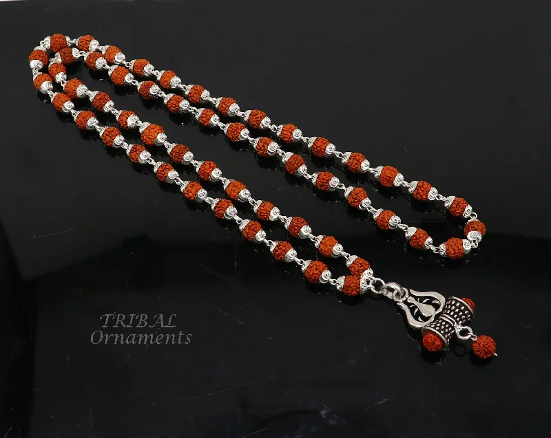 925 sterling silver natural rudraksha beads chain with pendant amazing trident pendant necklace unisex silver jewelry set496