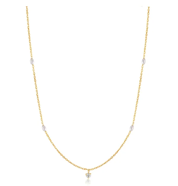 Ania Haie 14K Yellow Gold White Sapphire and Cultured Pearl 18 inch Station Necklace