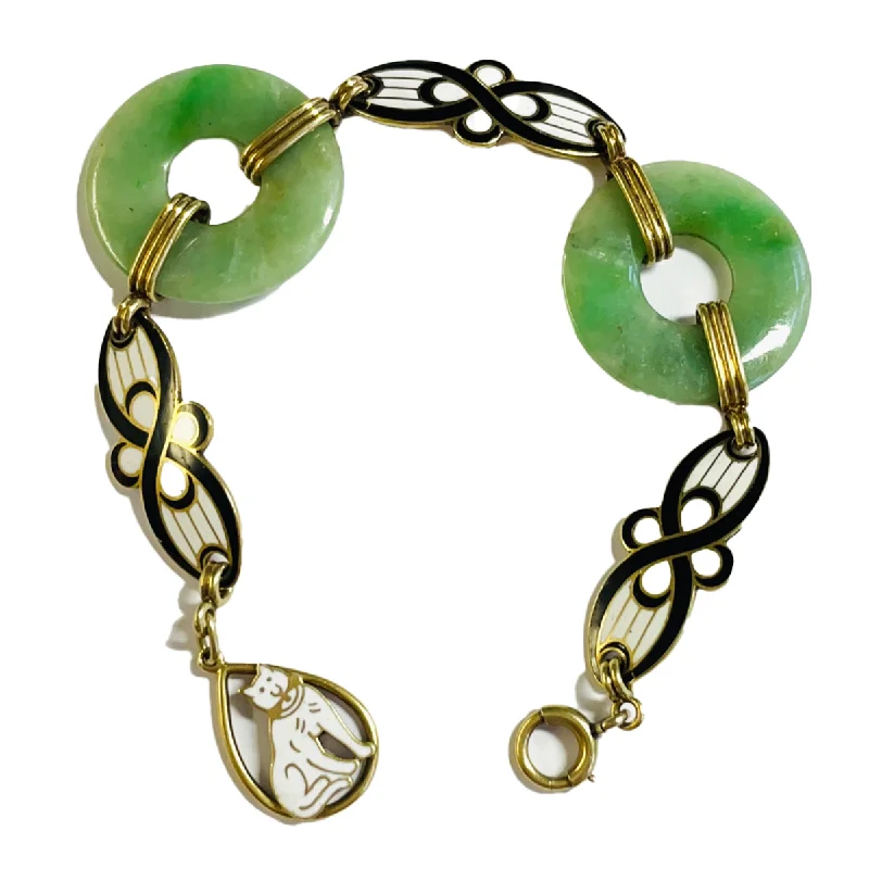 Art Nouveau 14KT Yellow Gold Jadeite & Enamel Bracelet