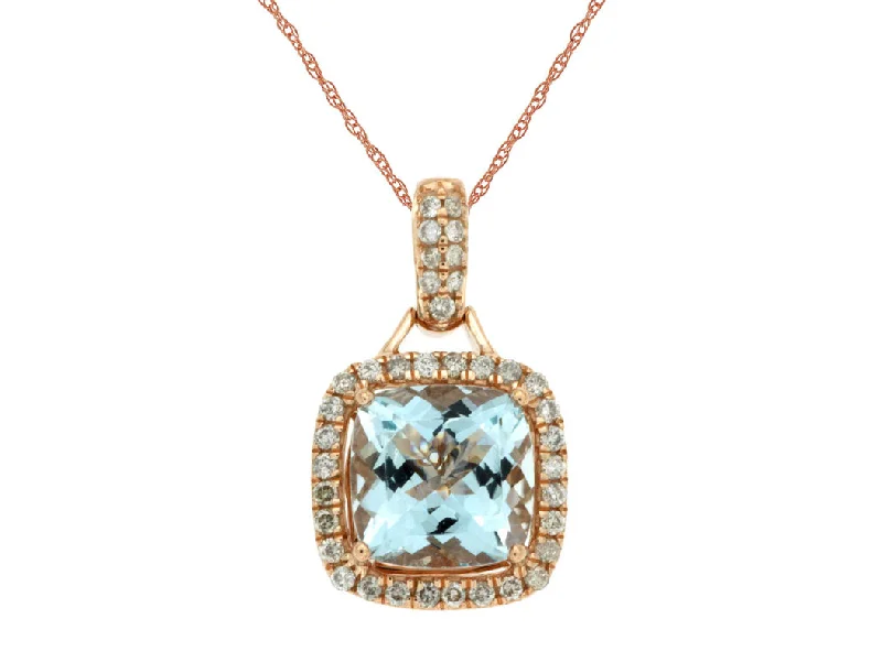 Bremer Jewelry 14K Rose Gold Cushion Shape Aquamarine and Diamond Halo Pendant with a 14K Rose Gold Rope Necklace (1.99ctw)