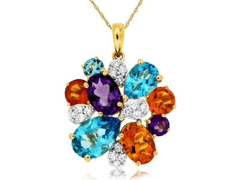 14K Yellow Gold Fancy Shape  Colored Stone and Diamond Pendant with a 14K Yellow Gold Rope Necklace (4.70ctw)