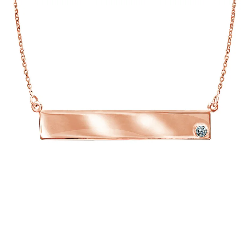 Bremer Jewelry 14K Rose Gold Round Shape Diamond Engravable Bar Pendant with a 14K Rose Gold Cable Link Necklace (0.05ctw)