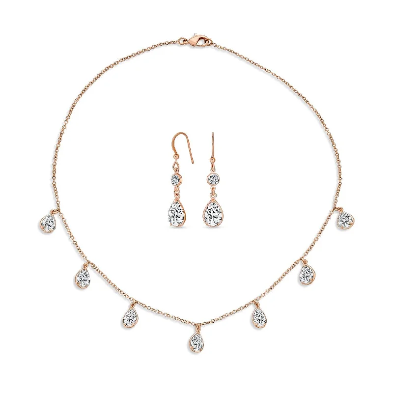 Bridal Chain Necklace with Pear Shaped Cubic Zirconia and Earrings Set Rose Gold