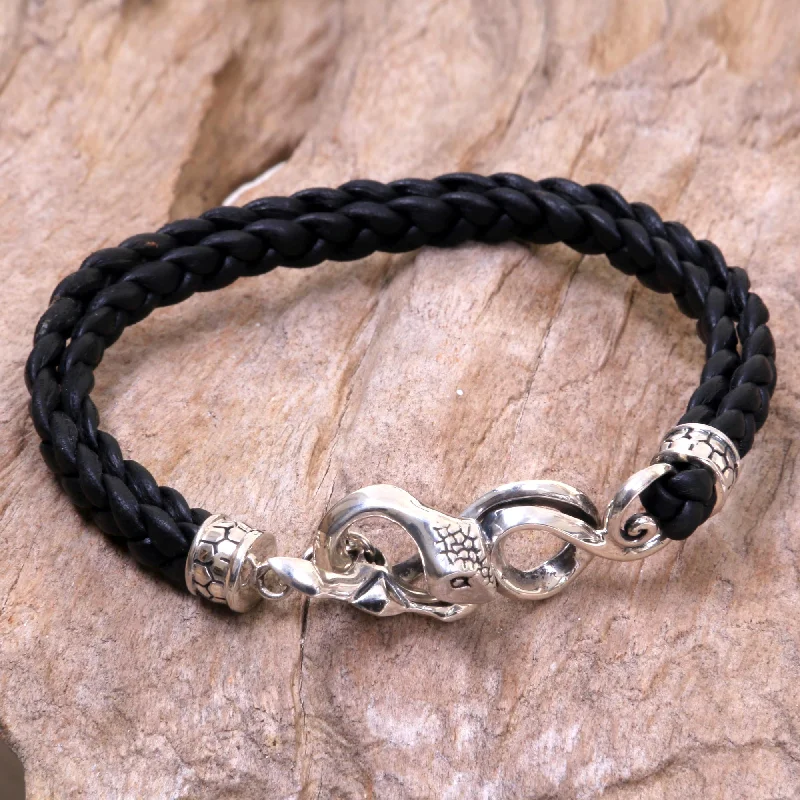 Cobra Men's Black Leather Bracelet with Silver Snake Clasp