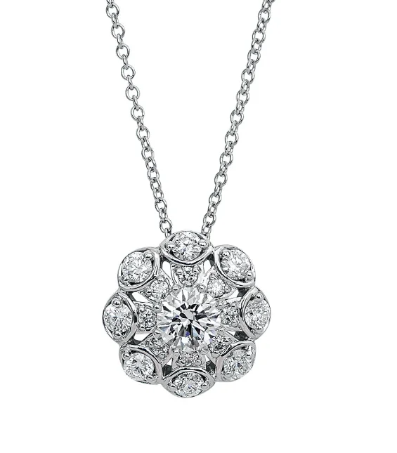 Estate 18K White Gold Round Shape Diamond and Diamond Cluster Necklace (.80ctw)