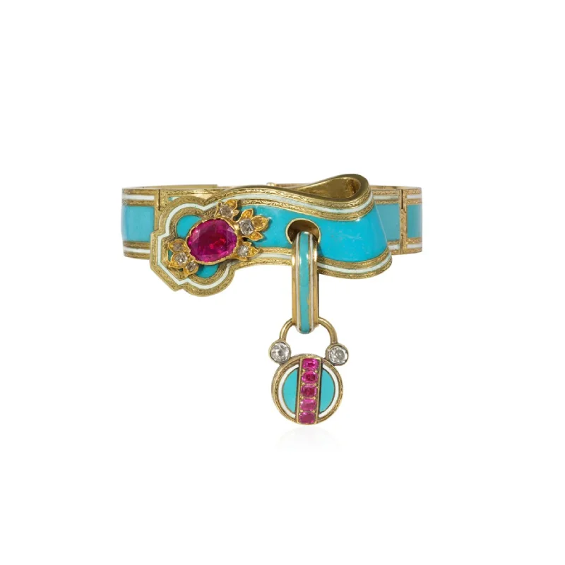 French Victorian 18KT Yellow Gold Ruby, Diamond & Enamel Padlock Bracelet