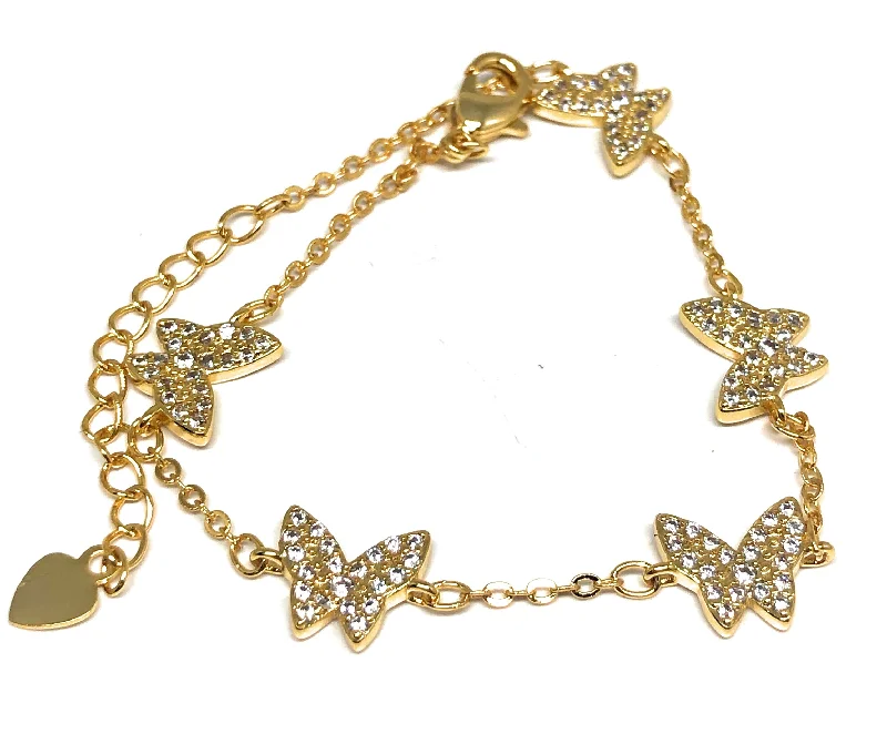 Gold Plated Butterfly Charm CZ Adjustable 8 inch Bracelet