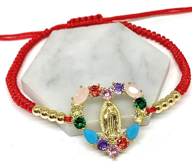 Gold Plated Colorful Rhinestone Heart Virgin Mary Bracelet Virgen De Guadalupe Pulsera 8" Adjustable