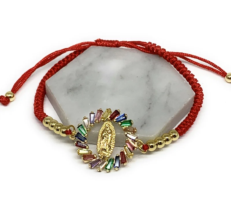 Gold Plated Colorful Rhinestone CZ Virgin Mary Bracelet Virgen De Guadalupe Pulsera 8" Adjustable