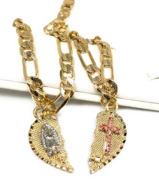 Gold Plated Tri-Color Virgin Mary & Christ "Te Amo" Heart Split Pendant TWO BRACELET SET 7.5”