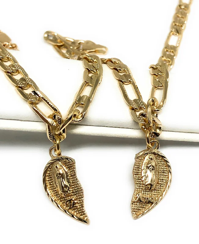 Gold Plated Yellow Double Virgin Mary "Te Amo" Heart Split Pendant TWO BRACELET SET 7.5”