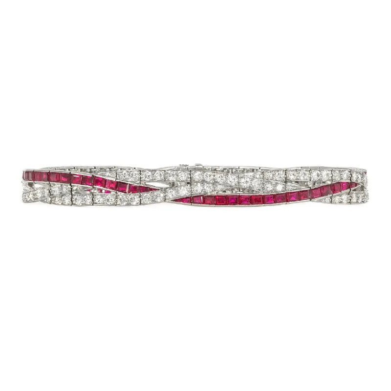 J.E. Caldwell Art Deco Platinum Diamond & Ruby Bracelet