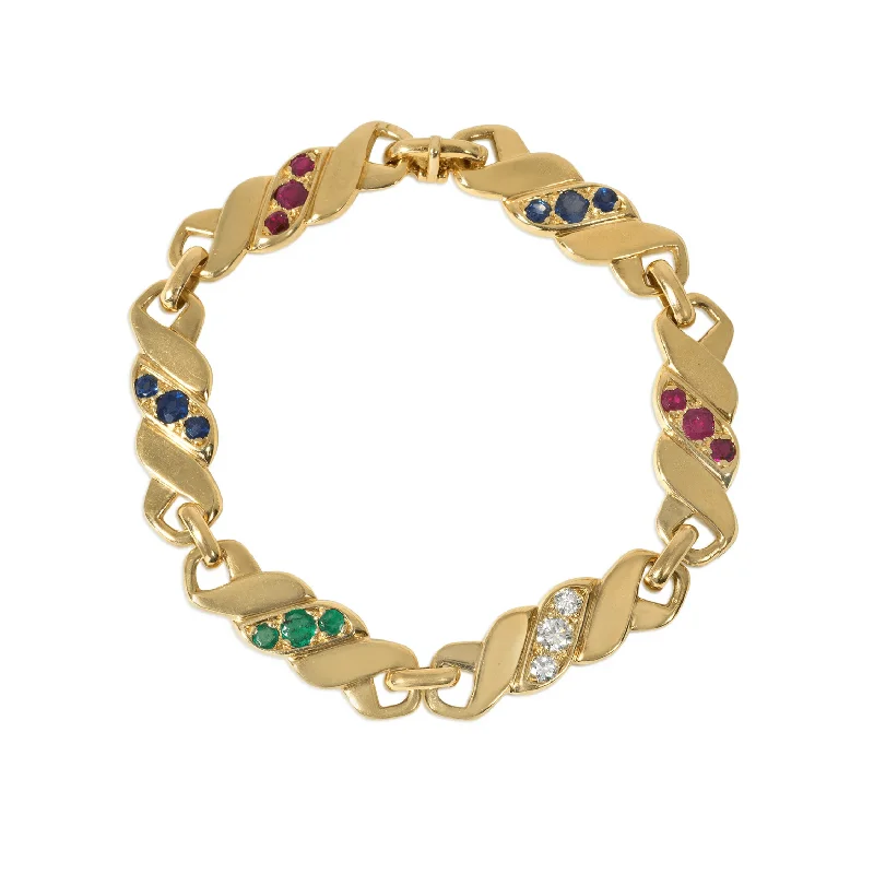 Maison Gerard French 1970s 18KT Yellow Gold Diamond, Emerald, Ruby & Sapphire Bracelet