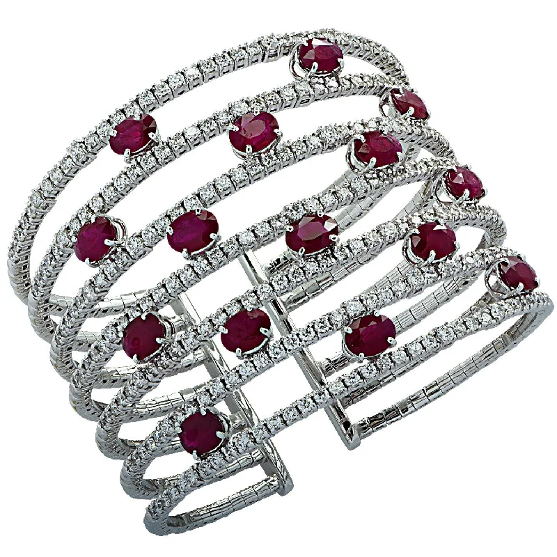 Post-1980s 18KT White Gold Ruby & Diamond Cuff Bracelet