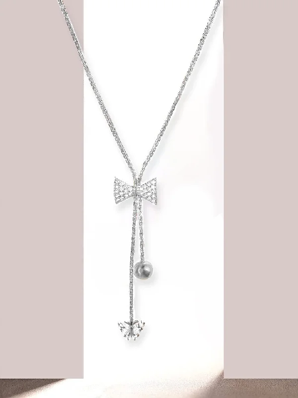 Rubans Rhodium Plated, Minimal Chain Bow Motif Zircons Studded Drop Necklace.