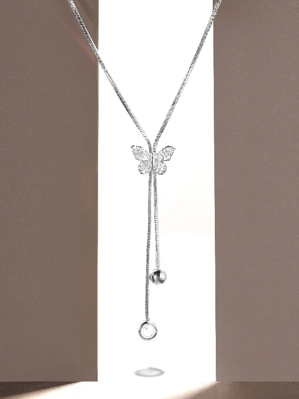 Rubans Rhodium Plated, Minimal Chain Butterfly Motif Zircons Studded Drop Necklace.