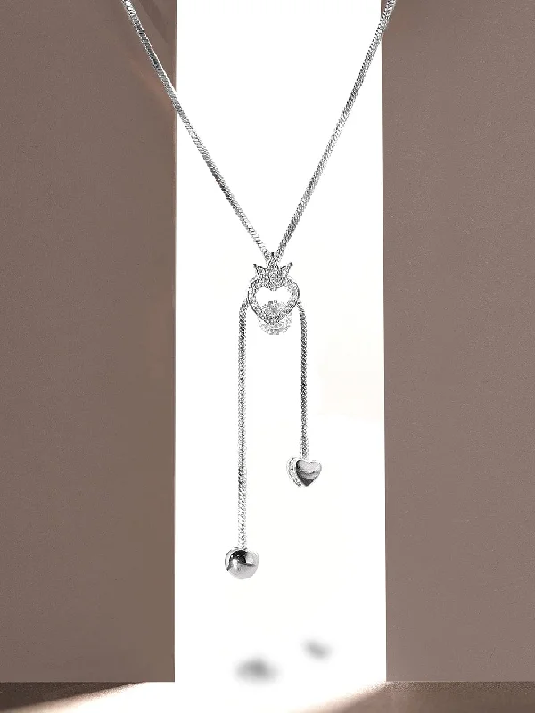 Rubans Rhodium Plated, Minimal Chain Heart Motif Solitaire Zircons Studded Drop Necklace.