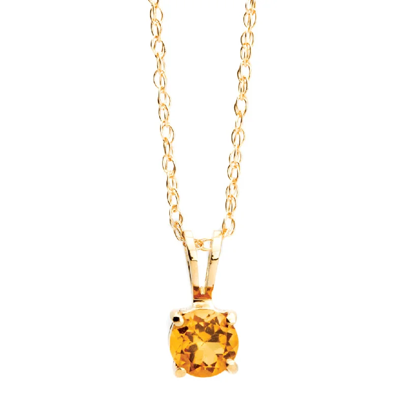 14K Yellow Gold Round Shape Citrine Solitaire Pendant with a 14K Yellow Gold Link Necklace