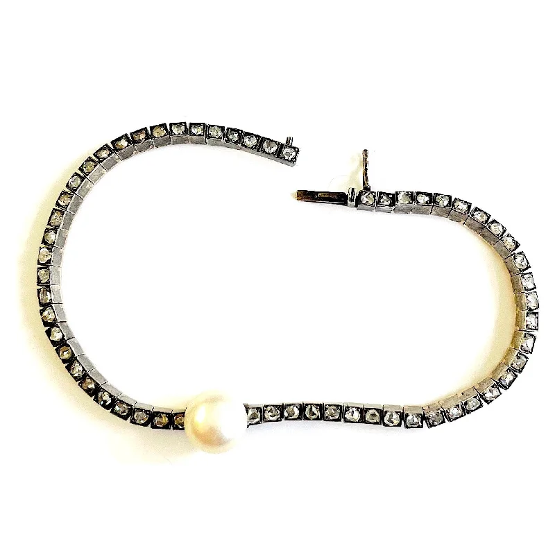 Victorian Silver Natural Pearl & Diamond Bracelet